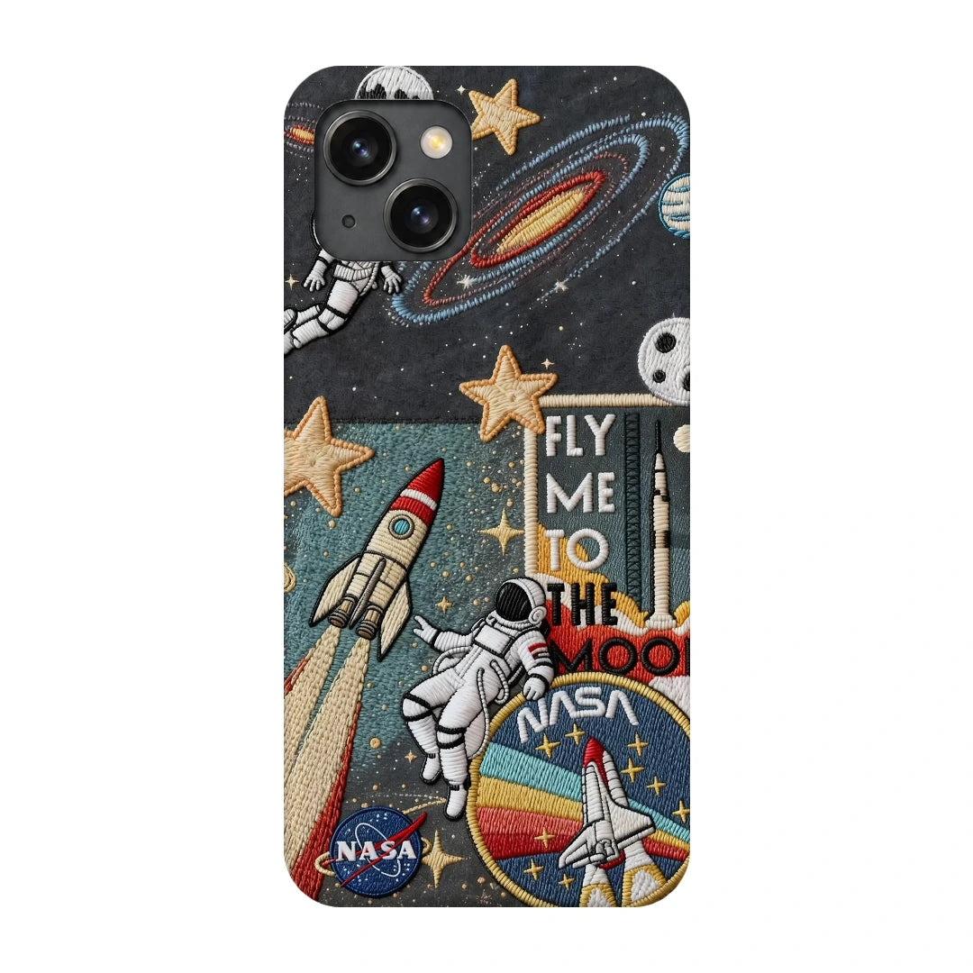 Space Explorer Collage 3D Print iPhone 15 Plus Phone Case, back view; rockets, stars, planets and astronaut graphics in a space-travel collage