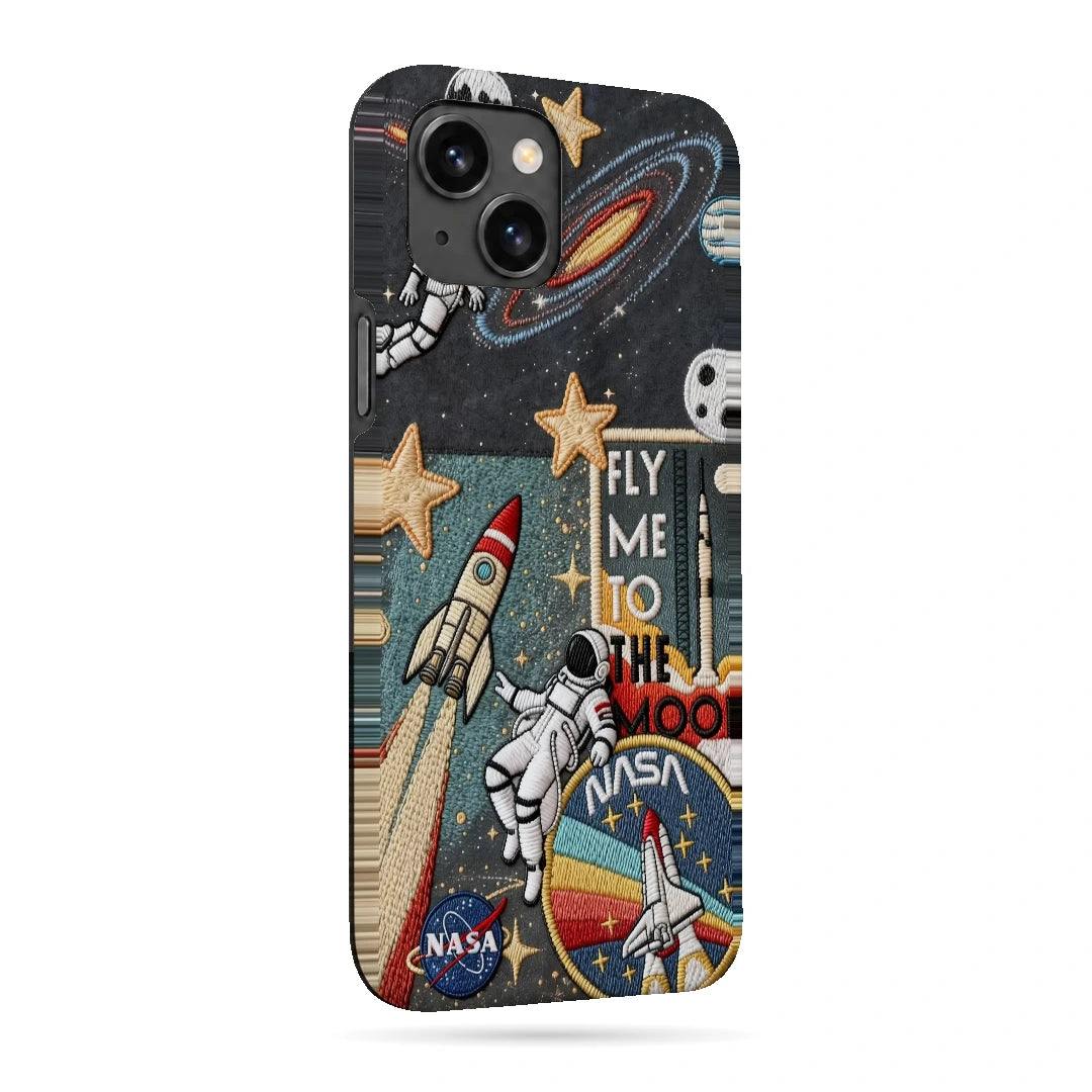 Space Explorer Collage 3D Print iPhone 15 Plus Phone Case, right-side view; rockets, stars, planets and astronaut graphics in a space-travel collage