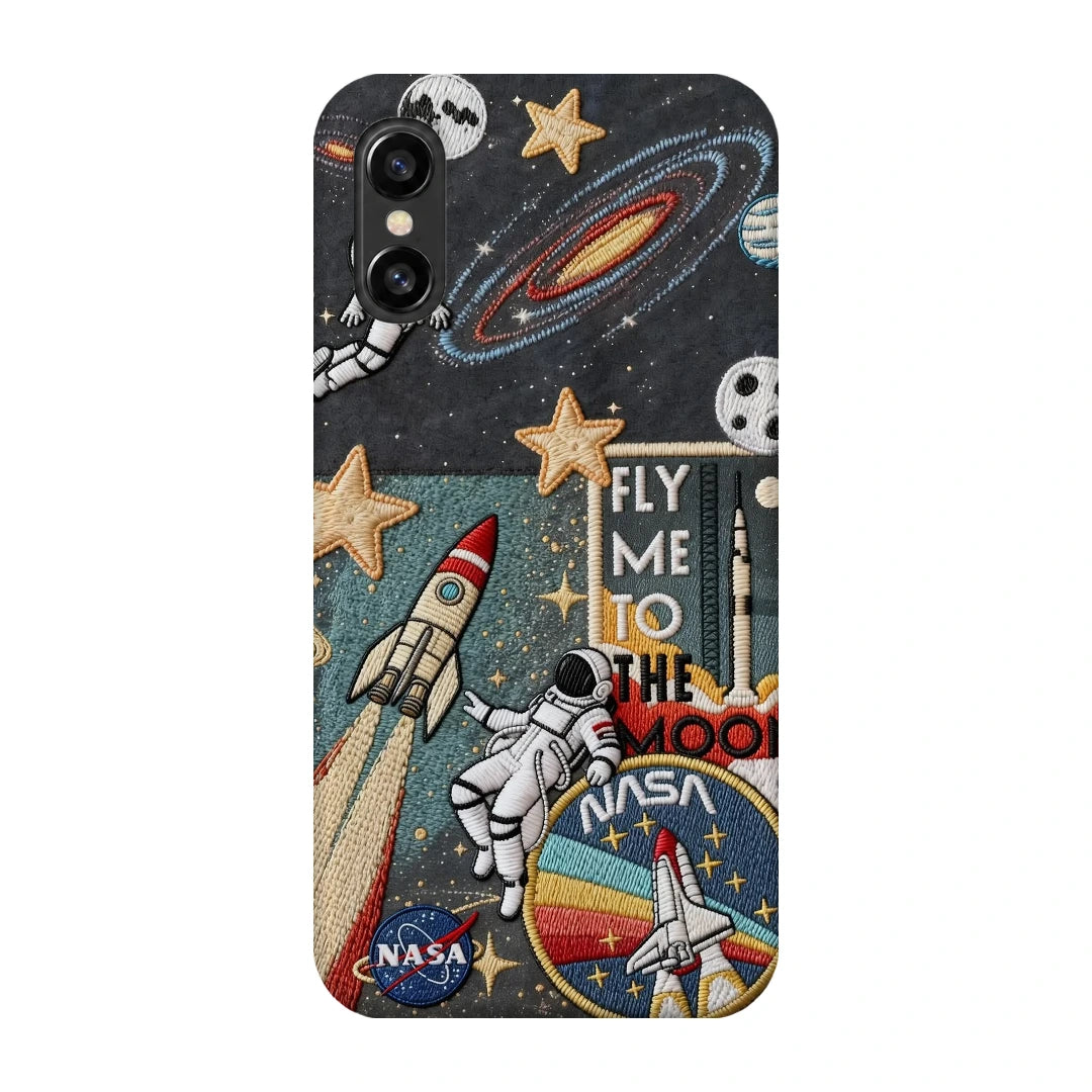 Space Explorer Collage 3D Print iPhone XS Phone Case, back view; rockets, stars, planets and astronaut graphics in a space-travel collage