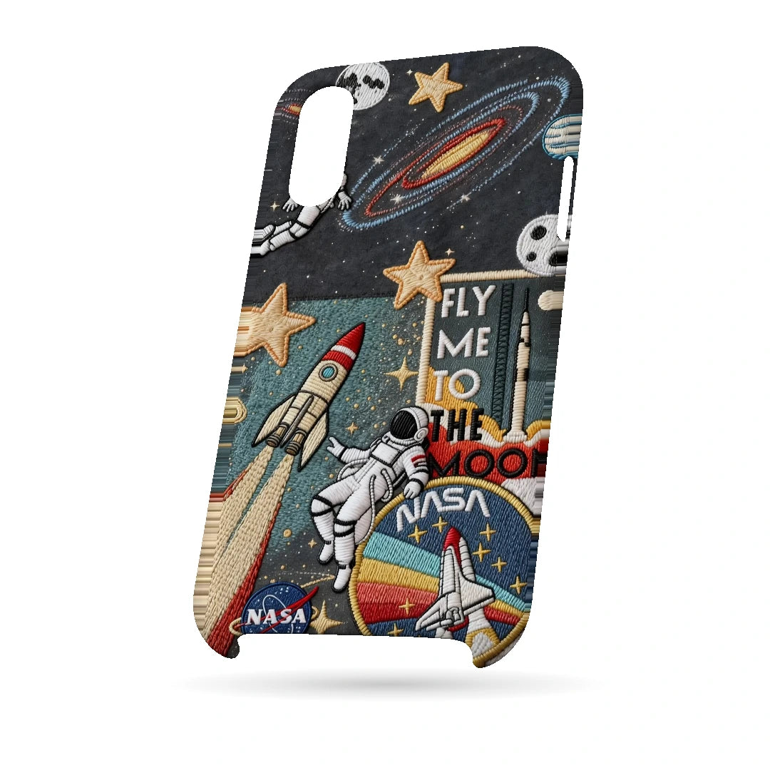 Space Explorer Collage 3D Print iPhone XS Phone Case, bottom view; rockets, stars, planets and astronaut graphics in a space-travel collage