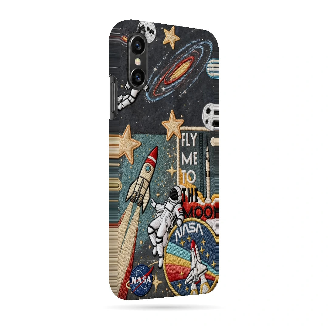 Space Explorer Collage 3D Print iPhone XS Phone Case, right-side view; rockets, stars, planets and astronaut graphics in a space-travel collage