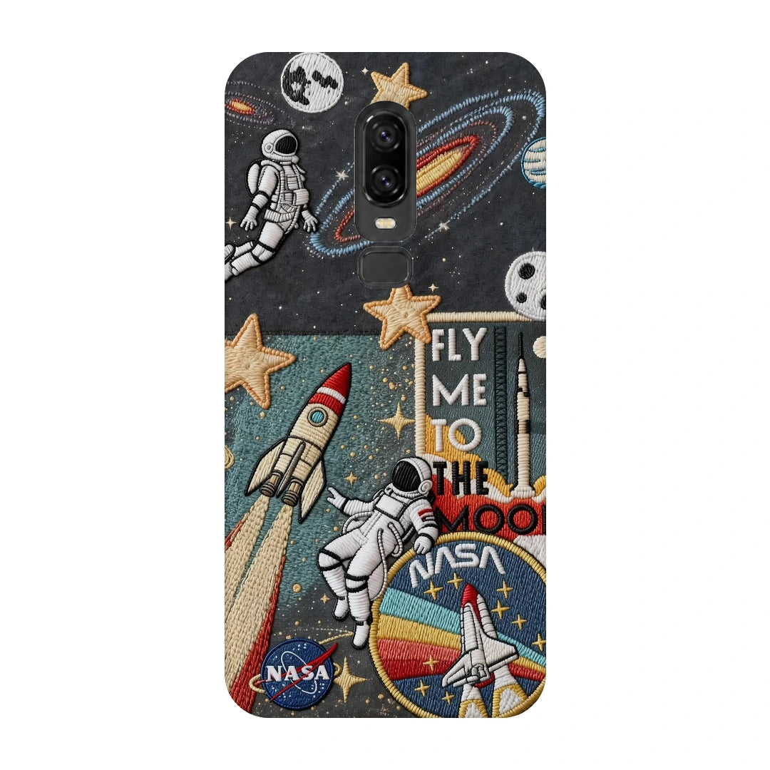 Space Explorer Collage 3D Print OnePlus 6 Phone Case, back view; rockets, stars, planets and astronaut graphics in a space-travel collage
