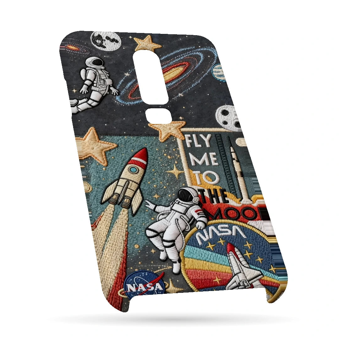 Space Explorer Collage 3D Print OnePlus 6 Phone Case, bottom view; rockets, stars, planets and astronaut graphics in a space-travel collage