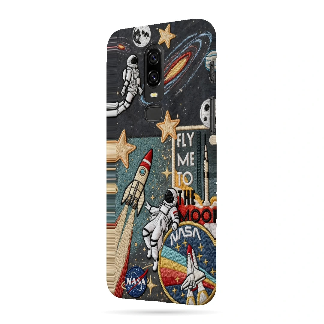Space Explorer Collage 3D Print OnePlus 6 Phone Case, right-side view; rockets, stars, planets and astronaut graphics in a space-travel collage
