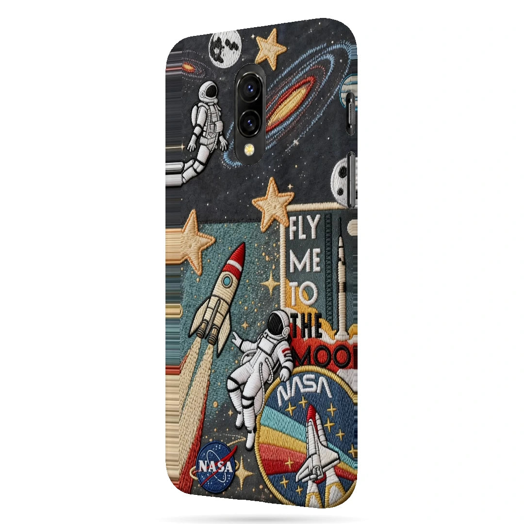 Space Explorer Collage 3D Print OnePlus 7 Phone Case, right-side view; rockets, stars, planets and astronaut graphics in a space-travel collage
