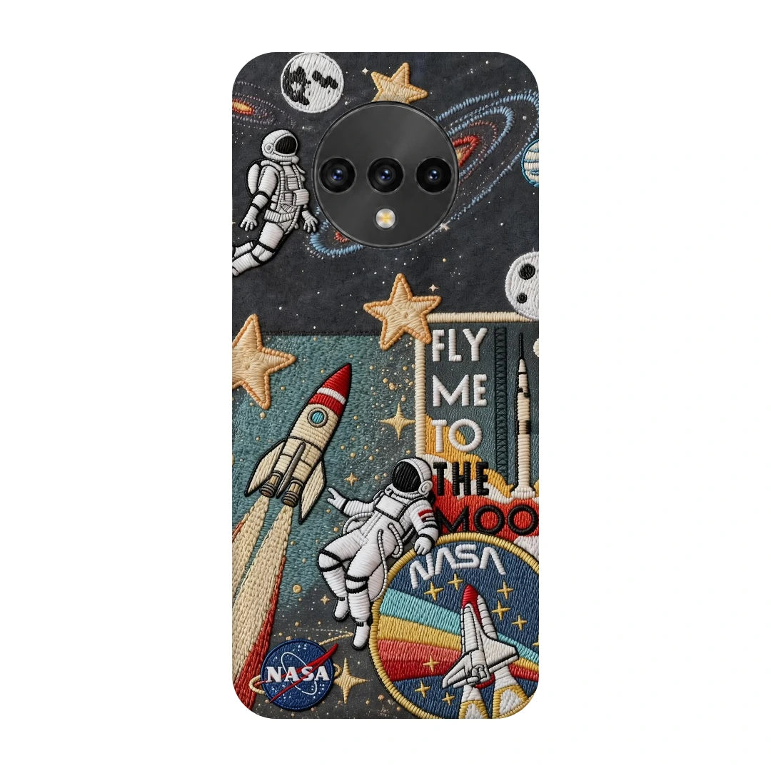Space Explorer Collage 3D Print OnePlus 7T Phone Case, back view; rockets, stars, planets and astronaut graphics in a space-travel collage