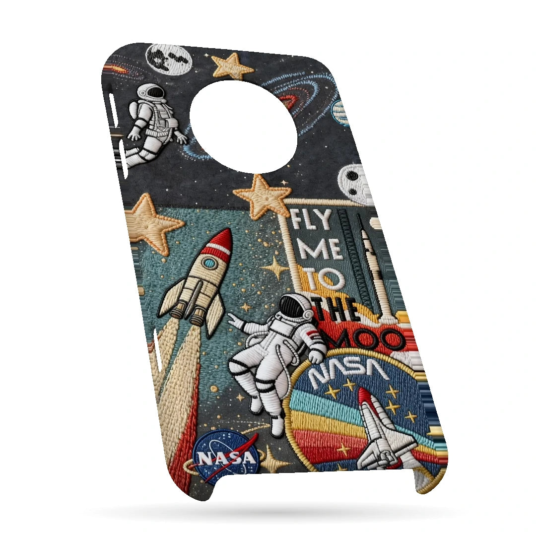 Space Explorer Collage 3D Print OnePlus 7T Phone Case, bottom view; rockets, stars, planets and astronaut graphics in a space-travel collage
