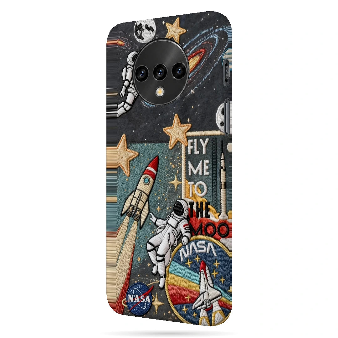Space Explorer Collage 3D Print OnePlus 7T Phone Case, right-side view; rockets, stars, planets and astronaut graphics in a space-travel collage