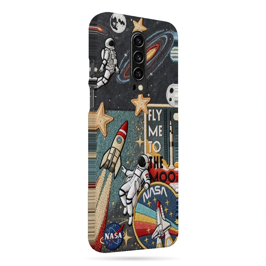 Space Explorer Collage 3D Print OnePlus 7T Pro Phone Case, right-side view; rockets, stars, planets and astronaut graphics in a space-travel collage