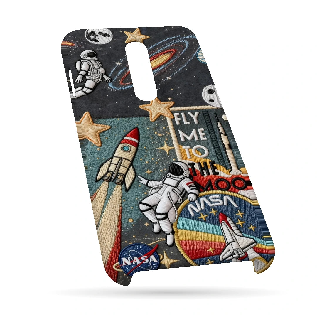 Space Explorer Collage 3D Print OnePlus 8 Phone Case, bottom view; rockets, stars, planets and astronaut graphics in a space-travel collage