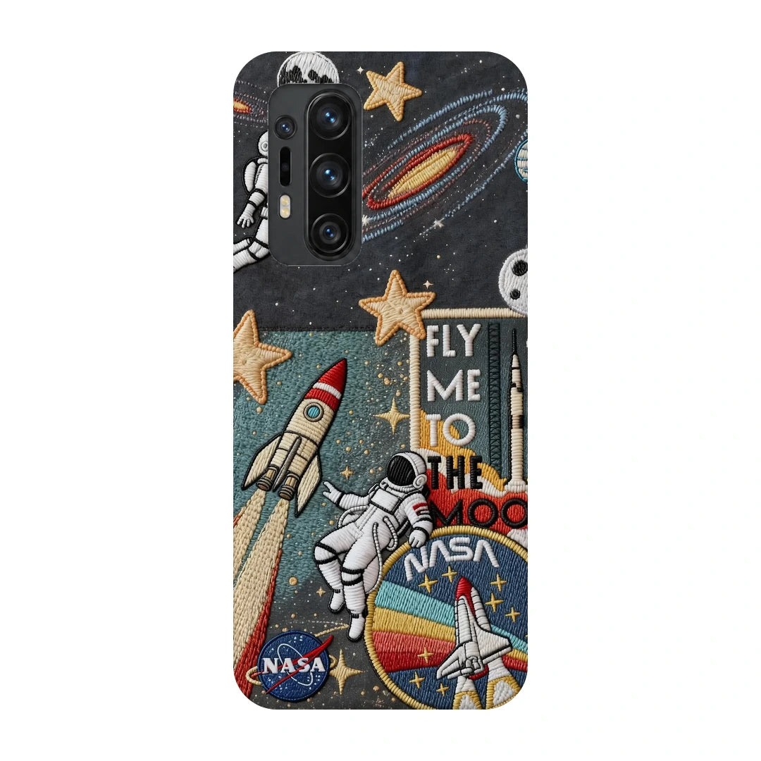 Space Explorer Collage 3D Print OnePlus 8 Pro Phone Case, back view; rockets, stars, planets and astronaut graphics in a space-travel collage