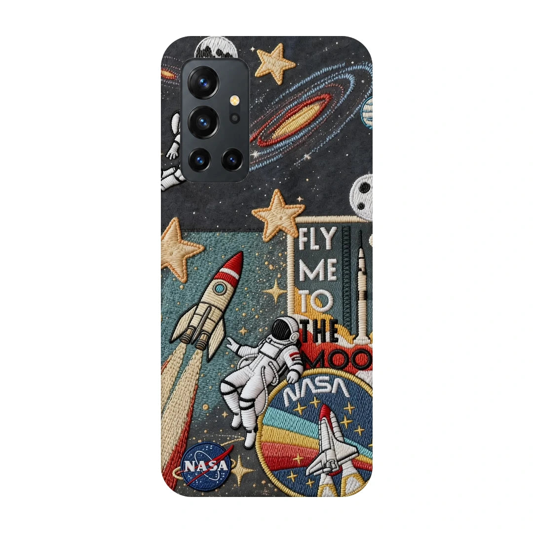 Space Explorer Collage 3D Print OnePlus 8T Phone Case, back view; rockets, stars, planets and astronaut graphics in a space-travel collage
