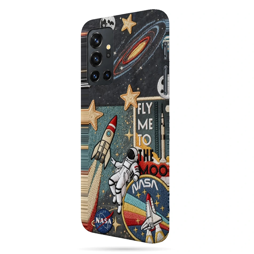 Space Explorer Collage 3D Print OnePlus 8T Phone Case, right-side view; rockets, stars, planets and astronaut graphics in a space-travel collage