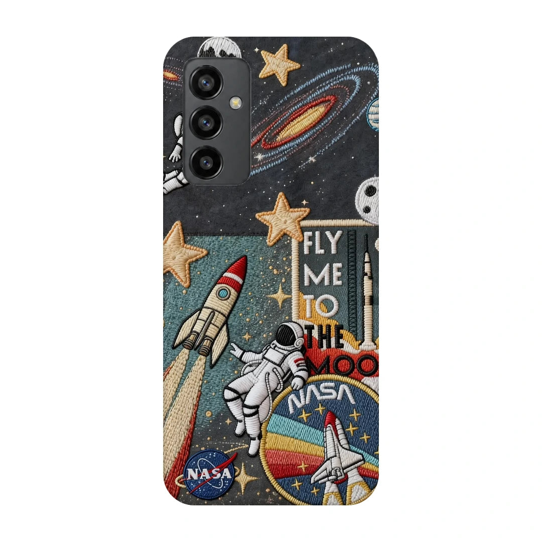 Space Explorer Collage 3D Print OnePlus Nord CE Phone Case, back view; rockets, stars, planets and astronaut graphics in a space-travel collage