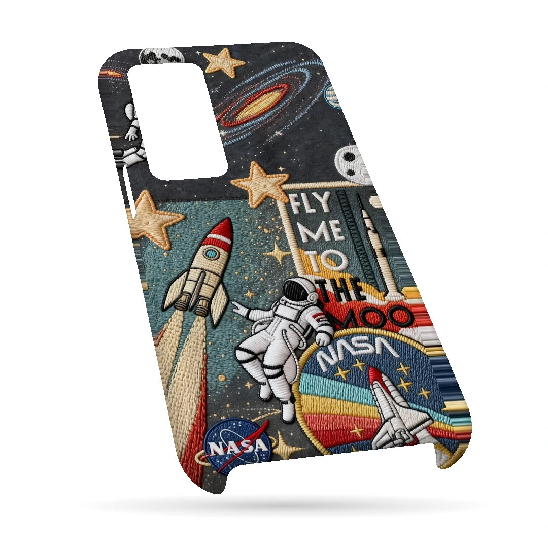 Space Explorer Collage 3D Print OnePlus Nord CE Phone Case, bottom view; rockets, stars, planets and astronaut graphics in a space-travel collage