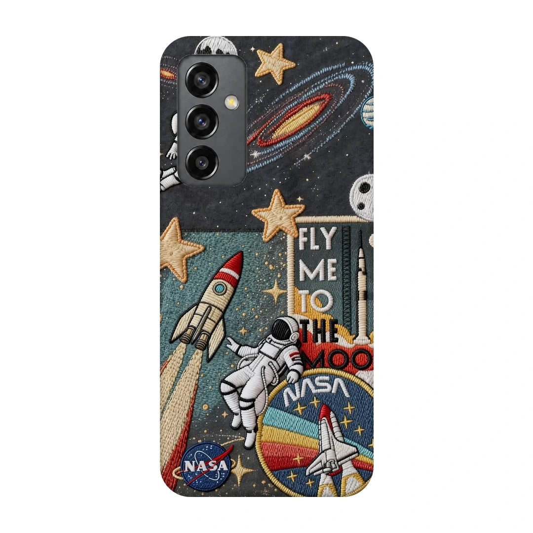 Space Explorer Collage 3D Print Samsung Note 20 Phone Case, back view; rockets, stars, planets and astronaut graphics in a space-travel collage