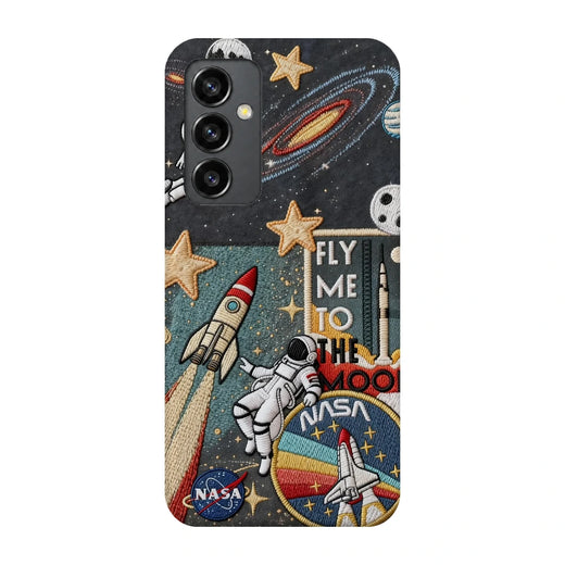 Space Explorer Collage 3D Print Samsung S23 FE Phone Case, back view; rockets, stars, planets and astronaut graphics in a space-travel collage