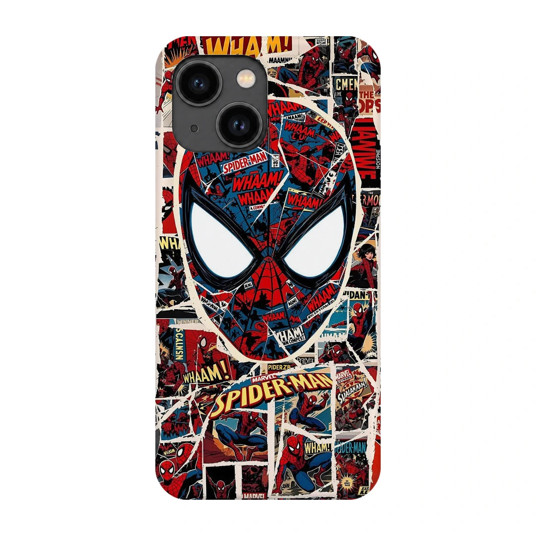 Spider-Man Comic Mask 3D Print iPhone 13 Phone Case, back view; a large Spider-Man mask over red, black and white comic panels
