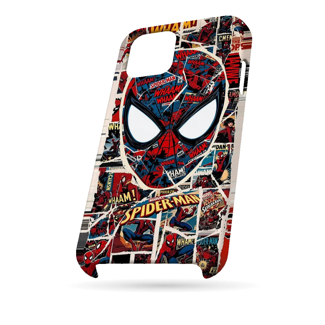Spider-Man Comic Mask 3D Print iPhone 15 Plus Phone Case, bottom view; a large Spider-Man mask over red, black and white comic panels
