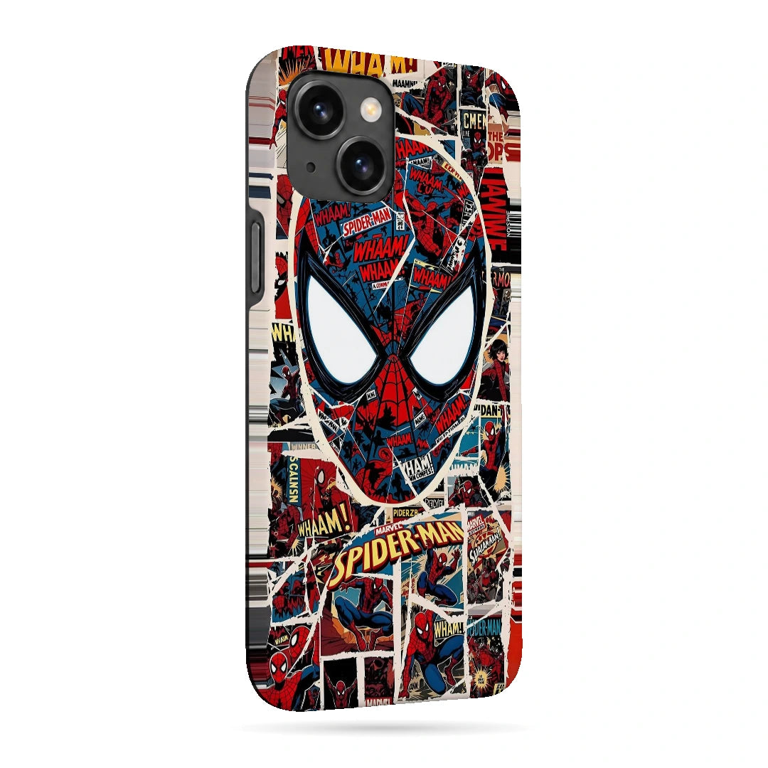 Spider-Man Comic Mask 3D Print iPhone 15 Plus Phone Case, right-side view; a large Spider-Man mask over red, black and white comic panels