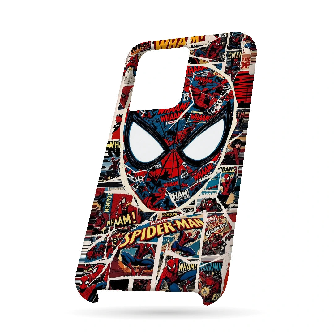 Spider-Man Comic Mask 3D Print OnePlus 10T Phone Case, bottom view; a large Spider-Man mask over red, black and white comic panels