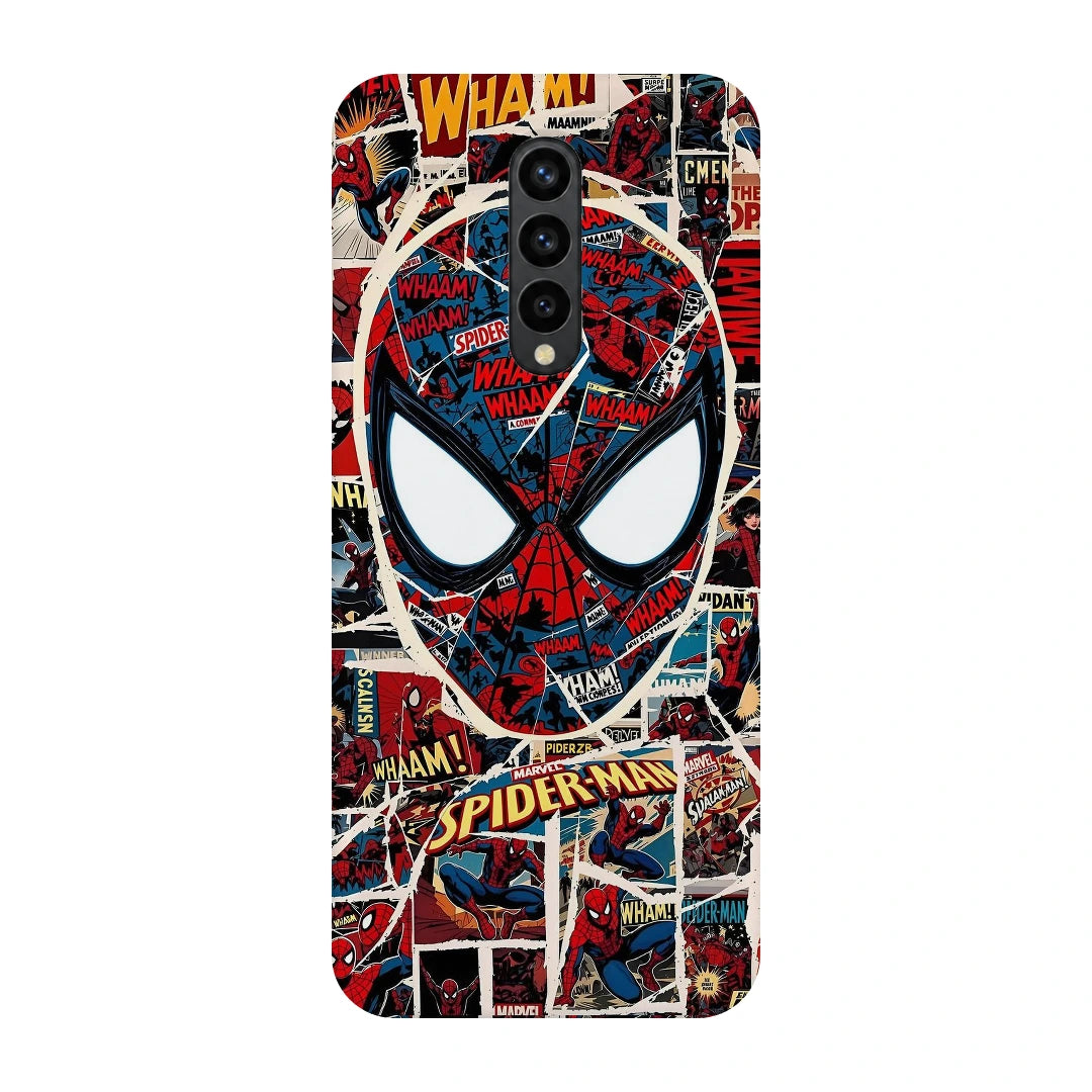 Spider-Man Comic Mask 3D Print OnePlus 8 Phone Case, back view; a large Spider-Man mask over red, black and white comic panels