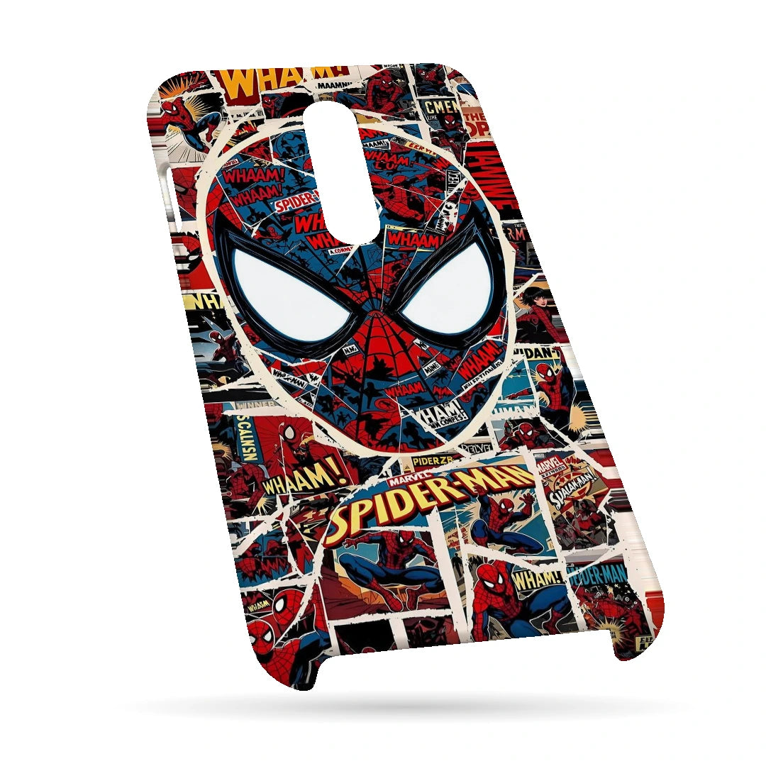 Spider-Man Comic Mask 3D Print OnePlus 8 Phone Case, bottom view; a large Spider-Man mask over red, black and white comic panels