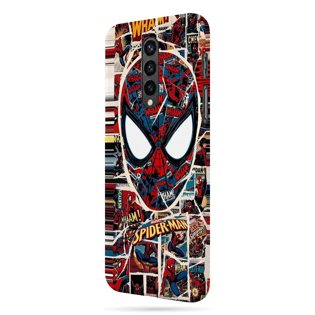 Spider-Man Comic Mask 3D Print OnePlus 8 Phone Case, right-side view; a large Spider-Man mask over red, black and white comic panels