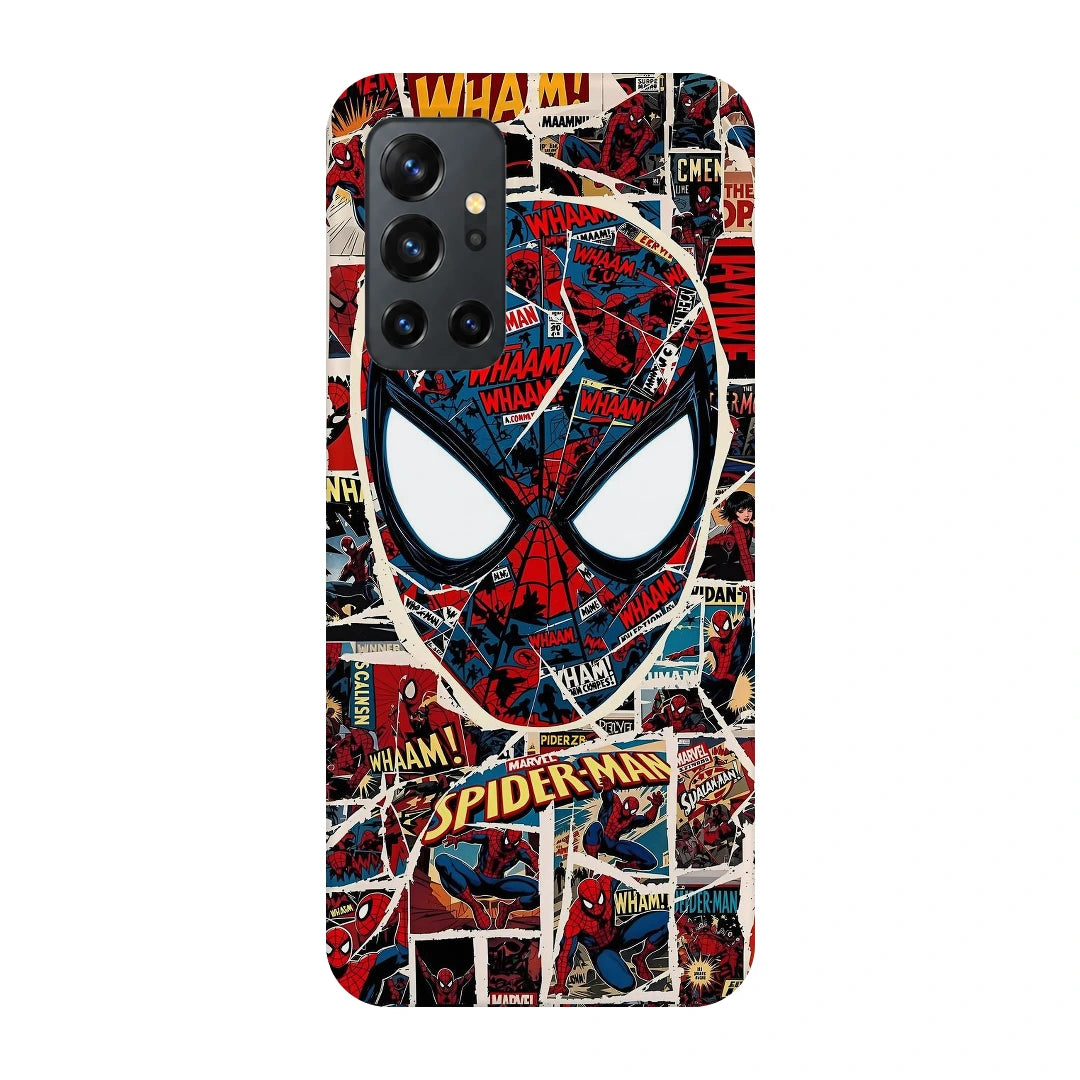 Spider-Man Comic Mask 3D Print OnePlus 8T Phone Case, back view; a large Spider-Man mask over red, black and white comic panels