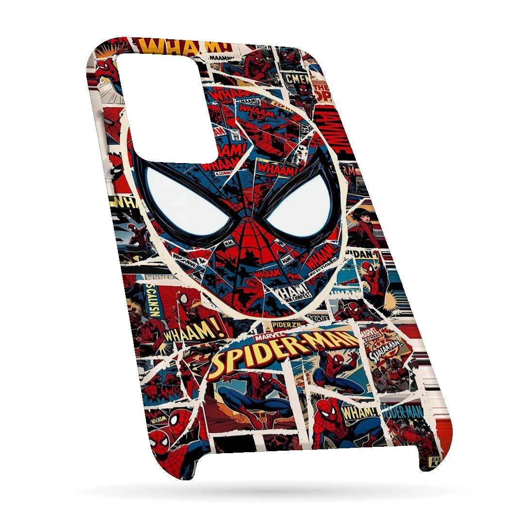 Spider-Man Comic Mask 3D Print OnePlus 8T Phone Case, bottom view; a large Spider-Man mask over red, black and white comic panels