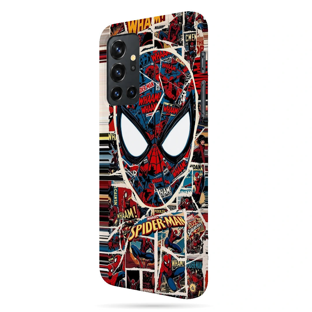 Spider-Man Comic Mask 3D Print OnePlus 8T Phone Case, right-side view; a large Spider-Man mask over red, black and white comic panels