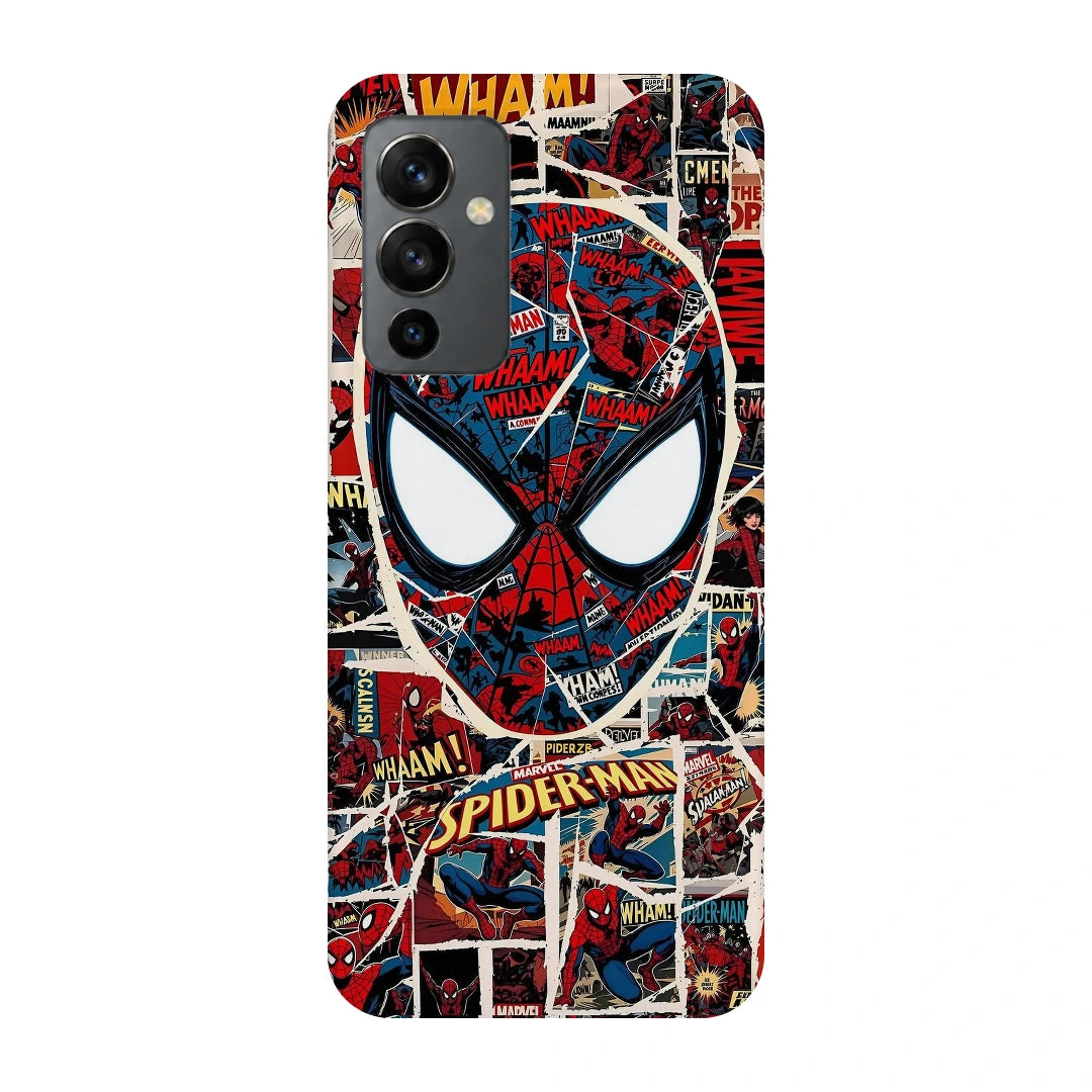Spider-Man Comic Mask 3D Print OnePlus 9 Phone Case, back view; a large Spider-Man mask over red, black and white comic panels
