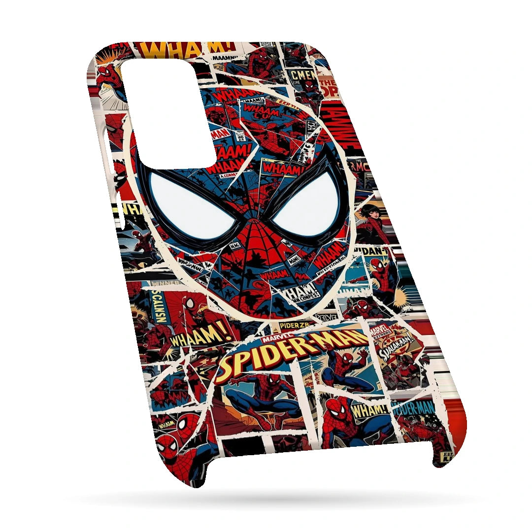 Spider-Man Comic Mask 3D Print OnePlus 9 Phone Case, bottom view; a large Spider-Man mask over red, black and white comic panels