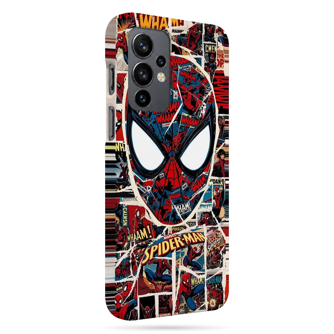 Spider-Man Comic Mask 3D Print OnePlus 9 Phone Case, right-side view; a large Spider-Man mask over red, black and white comic panels