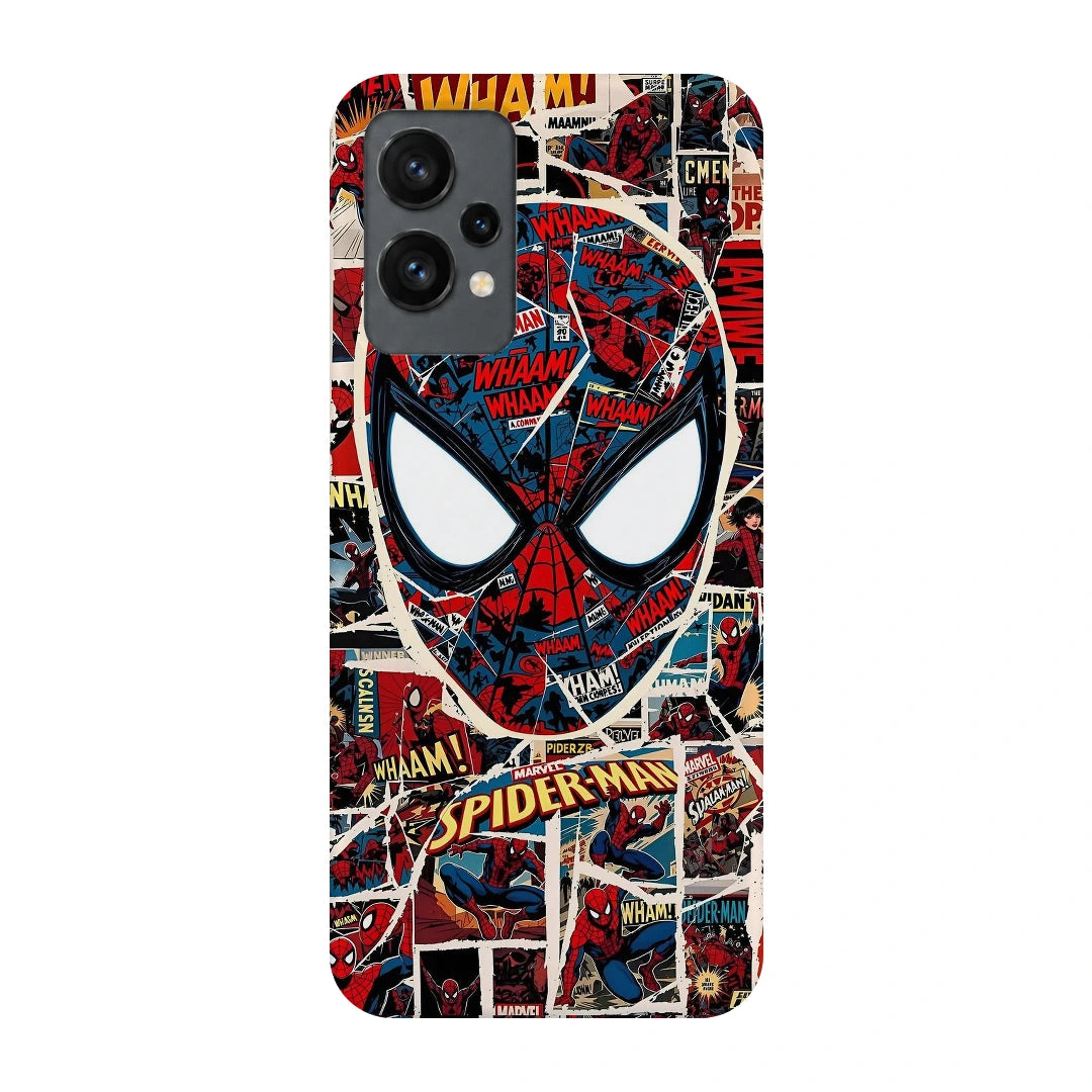 Spider-Man Comic Mask 3D Print OnePlus 9RT Phone Case, back view; a large Spider-Man mask over red, black and white comic panels