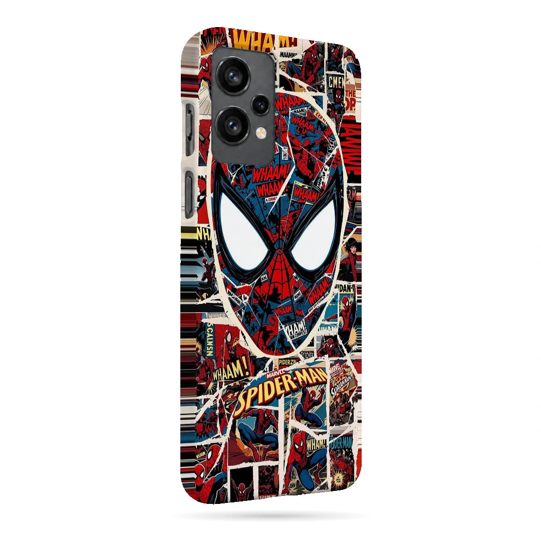 Spider-Man Comic Mask 3D Print OnePlus 9RT Phone Case, right-side view; a large Spider-Man mask over red, black and white comic panels