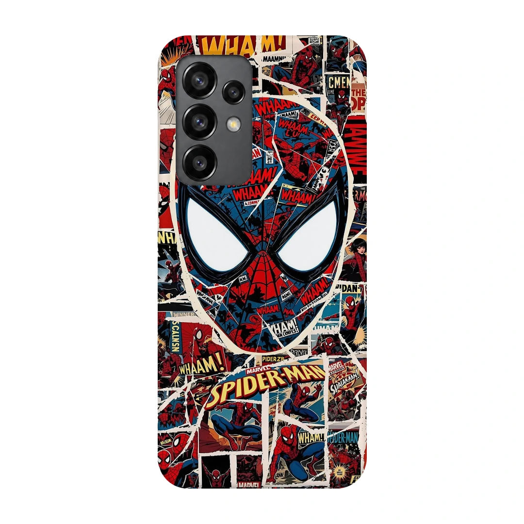 Spider-Man Comic Mask 3D Print Samsung A13 4G Phone Case, back view; a large Spider-Man mask over red, black and white comic panels