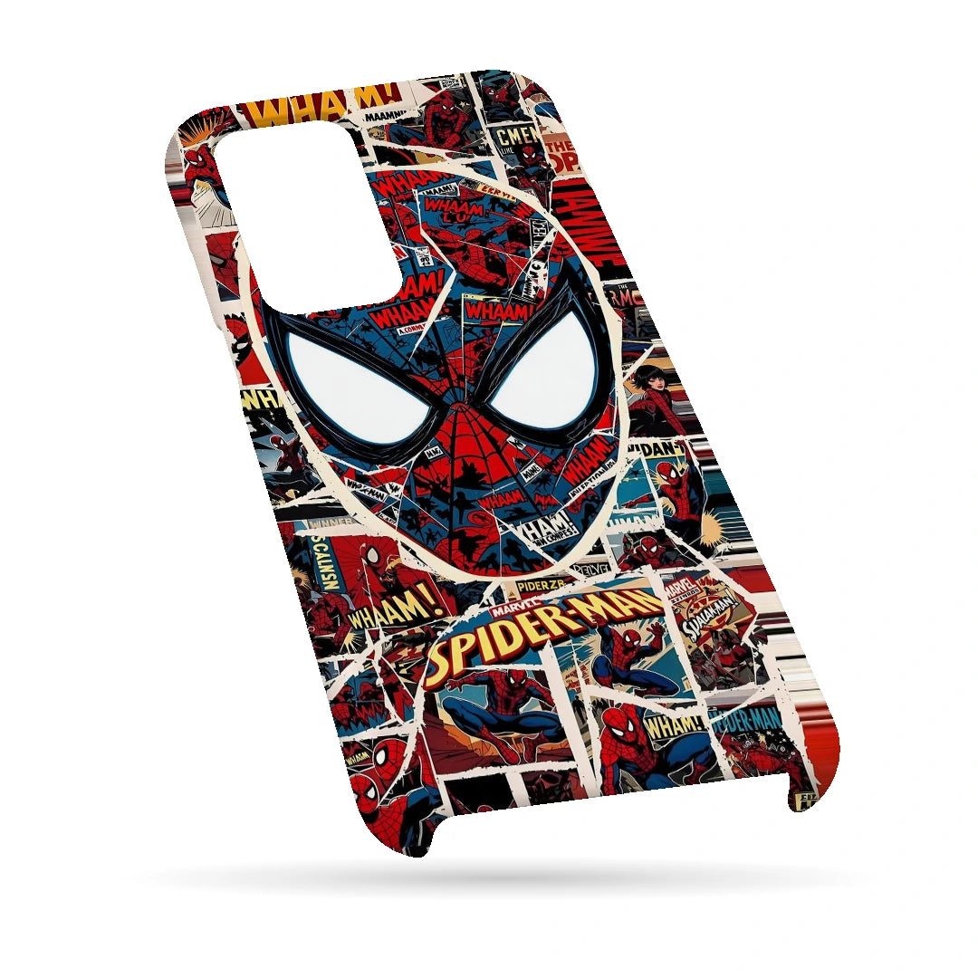 Spider-Man Comic Mask 3D Print Samsung A13 4G Phone Case, bottom view; a large Spider-Man mask over red, black and white comic panels