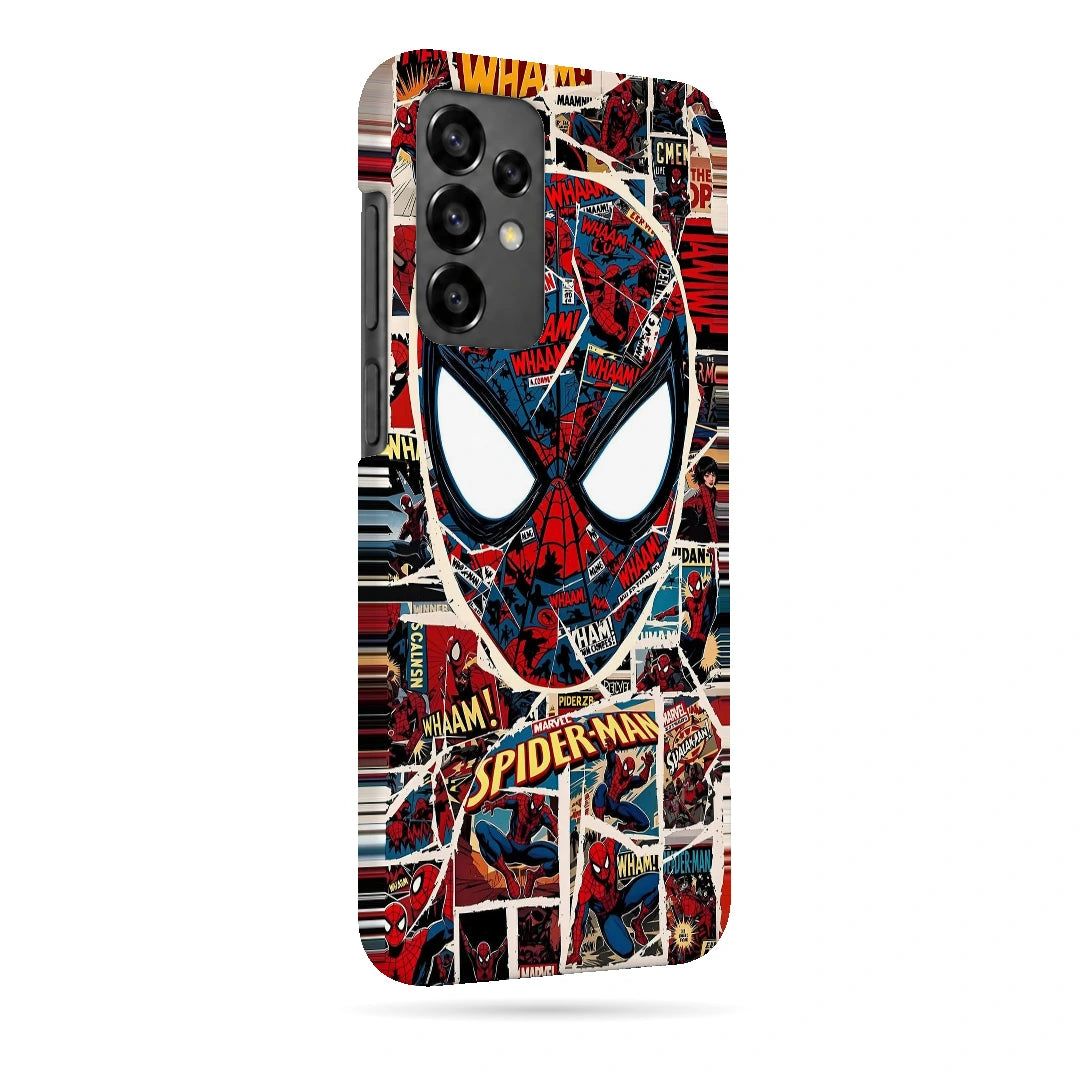Spider-Man Comic Mask 3D Print Samsung A13 4G Phone Case, right-side view; a large Spider-Man mask over red, black and white comic panels
