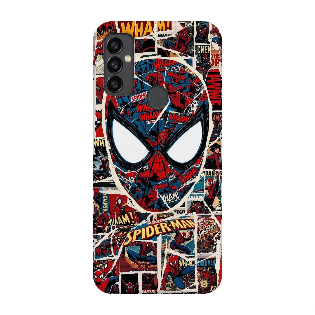 Spider-Man Comic Mask 3D Print Samsung M11 Phone Case, back view; a large Spider-Man mask over red, black and white comic panels