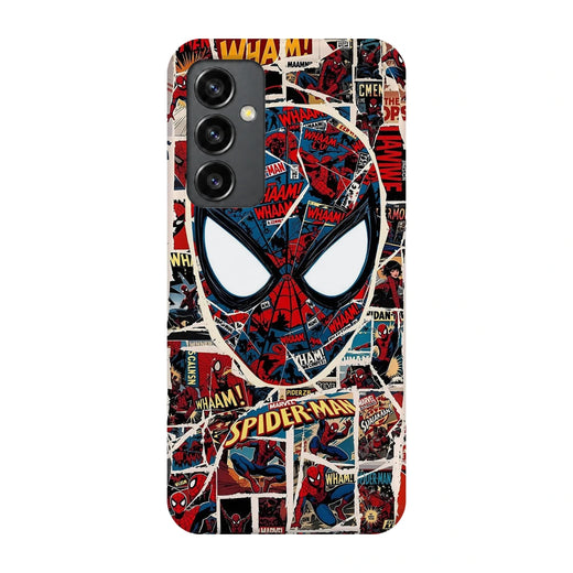 Spider-Man Comic Mask 3D Print Samsung S23 FE Phone Case, back view; a large Spider-Man mask over red, black and white comic panels