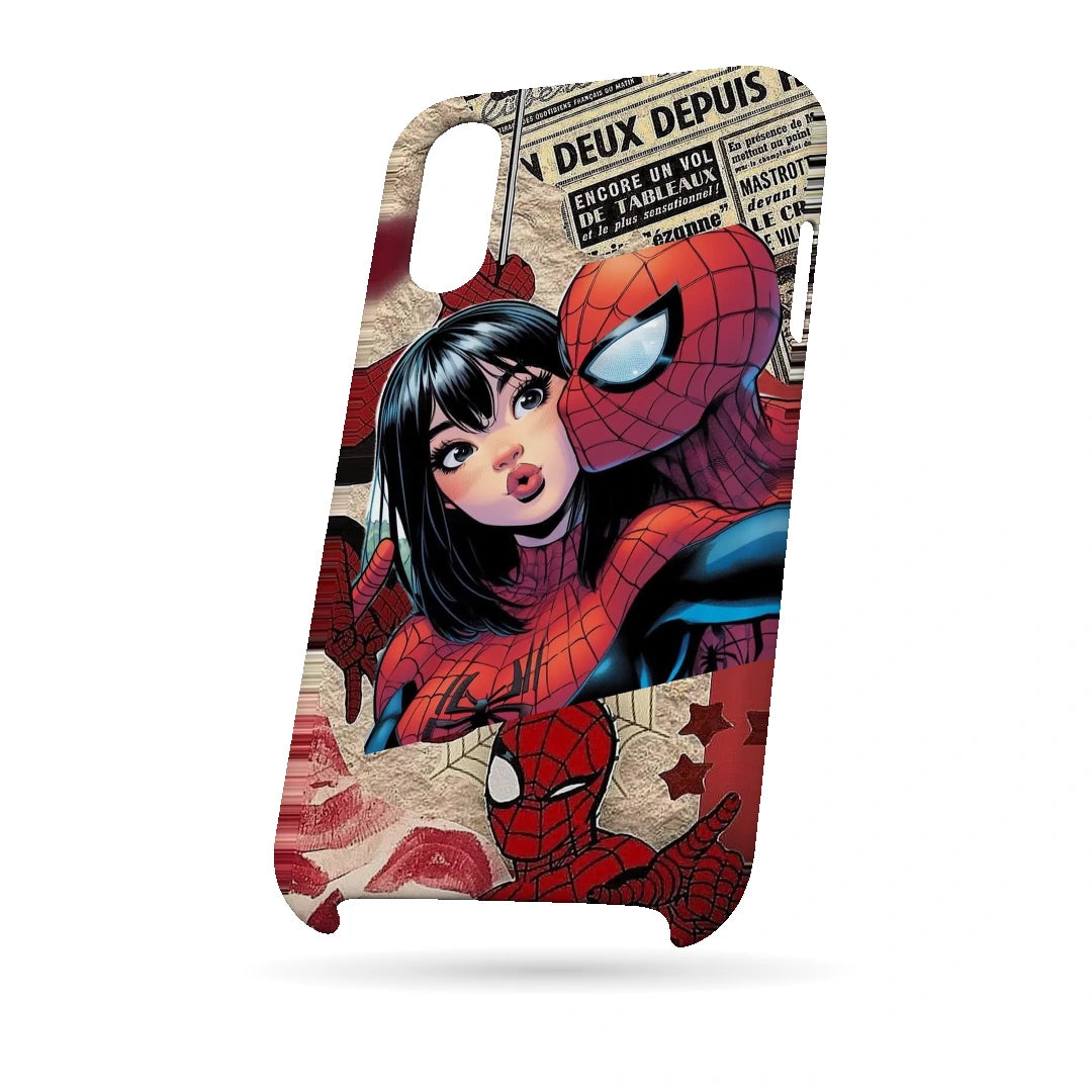 Spider-Man Pop Collage 3D Print iPhone XS Phone Case, bottom view; Spider-Man graphics, an illustrated girl and red collage accents