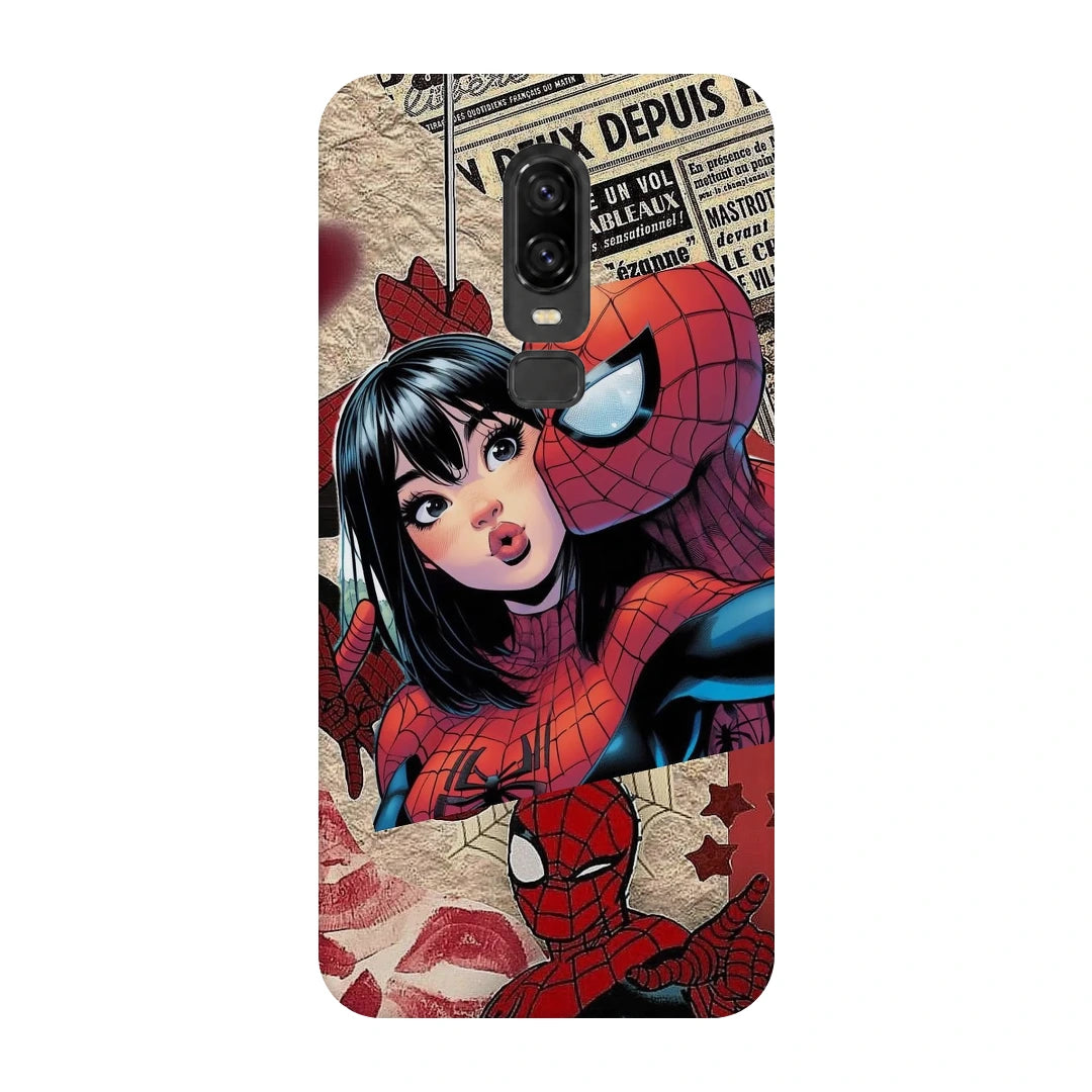Spider-Man Pop Collage 3D Print OnePlus 6 Phone Case, back view; Spider-Man graphics, an illustrated girl and red collage accents