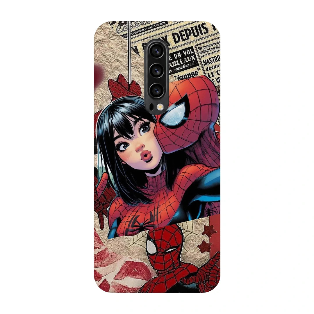Spider-Man Pop Collage 3D Print OnePlus 7T Pro Phone Case, back view; Spider-Man graphics, an illustrated girl and red collage accents