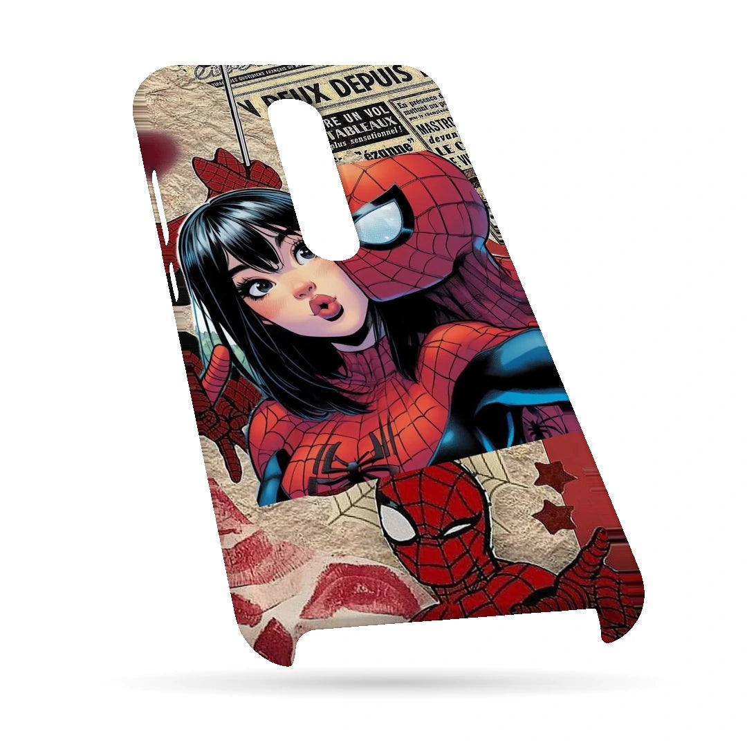 Spider-Man Pop Collage 3D Print OnePlus 7T Pro Phone Case, bottom view; Spider-Man graphics, an illustrated girl and red collage accents