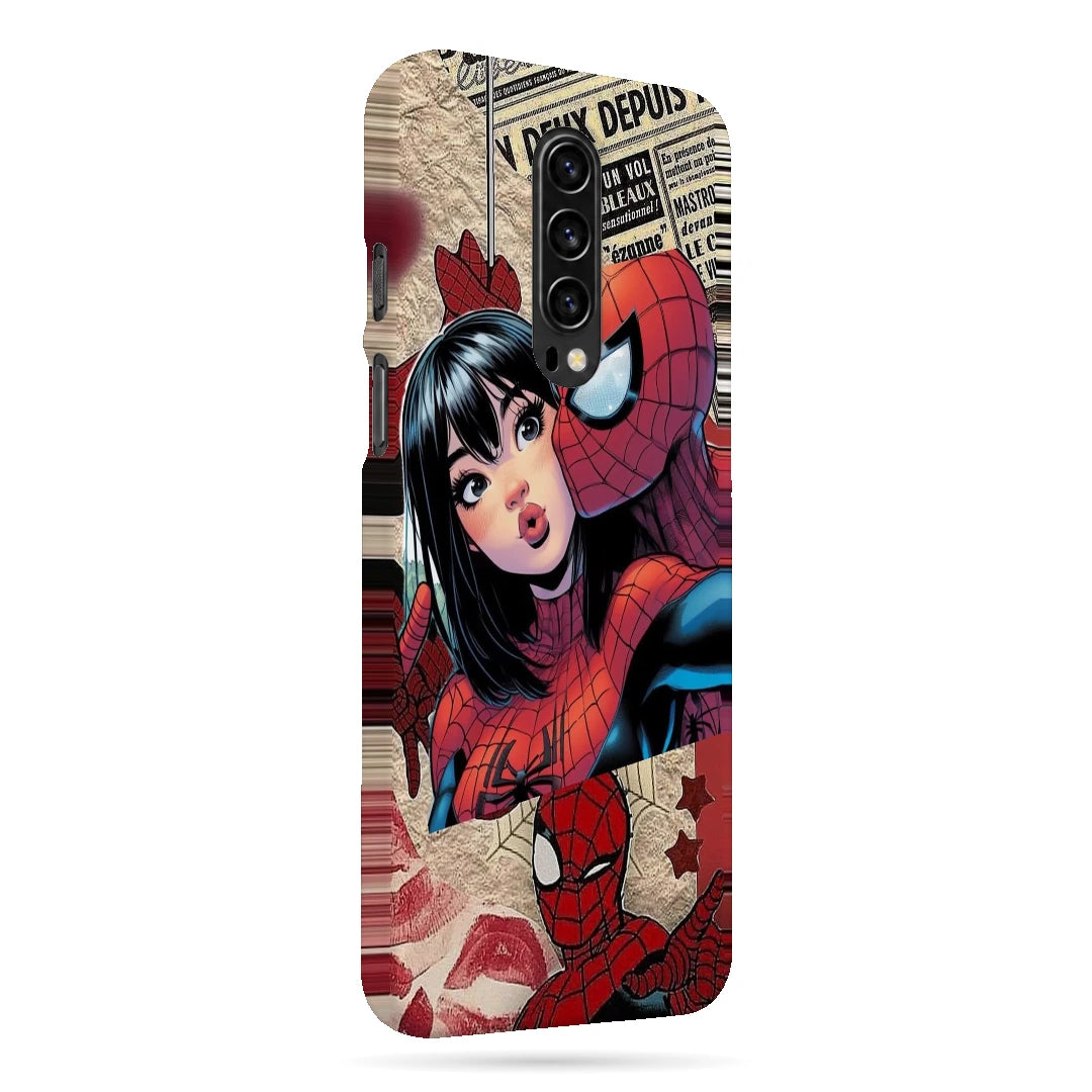 Spider-Man Pop Collage 3D Print OnePlus 7T Pro Phone Case, right-side view; Spider-Man graphics, an illustrated girl and red collage accents