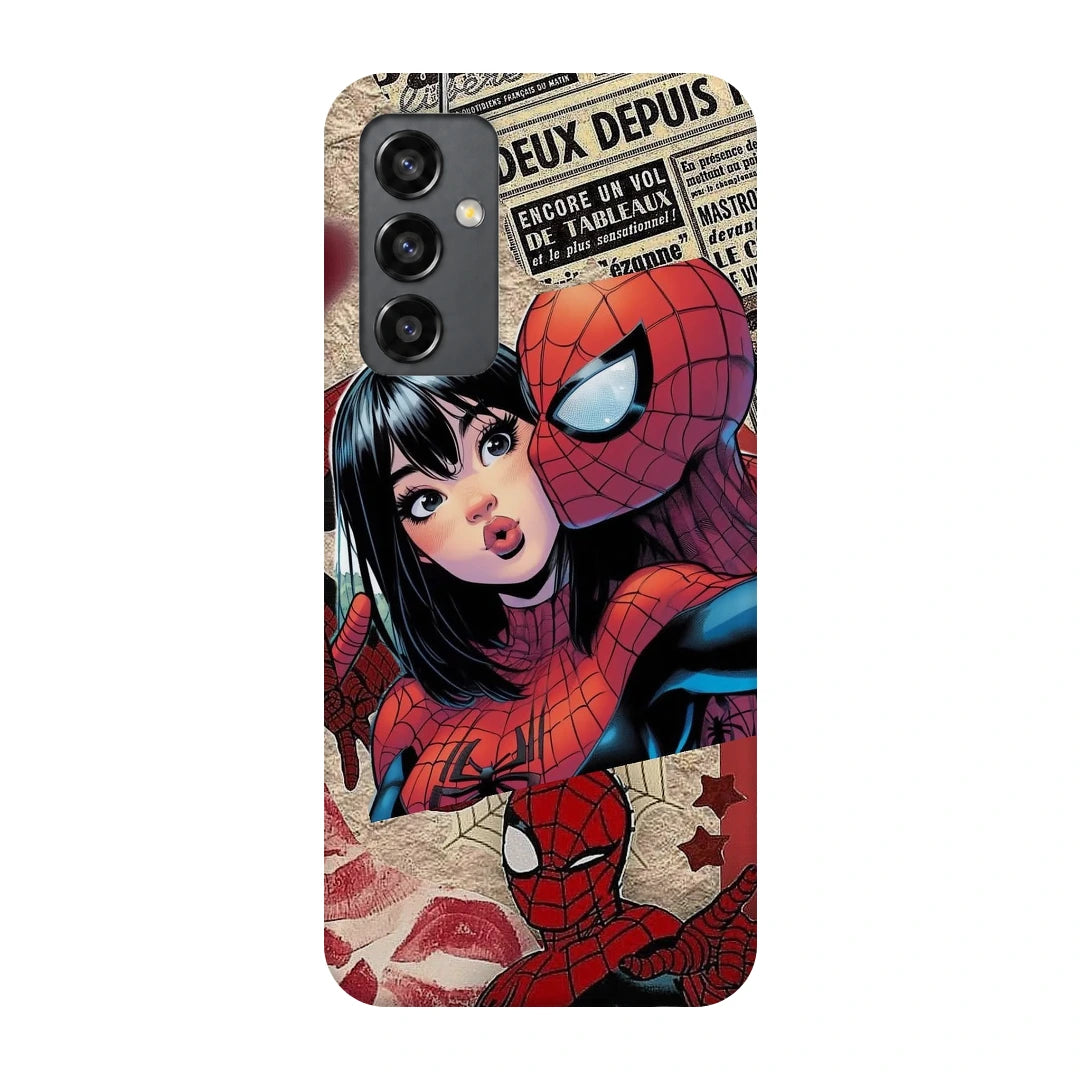 Spider-Man Pop Collage 3D Print Samsung A13 5G Phone Case, back view; Spider-Man graphics, an illustrated girl and red collage accents