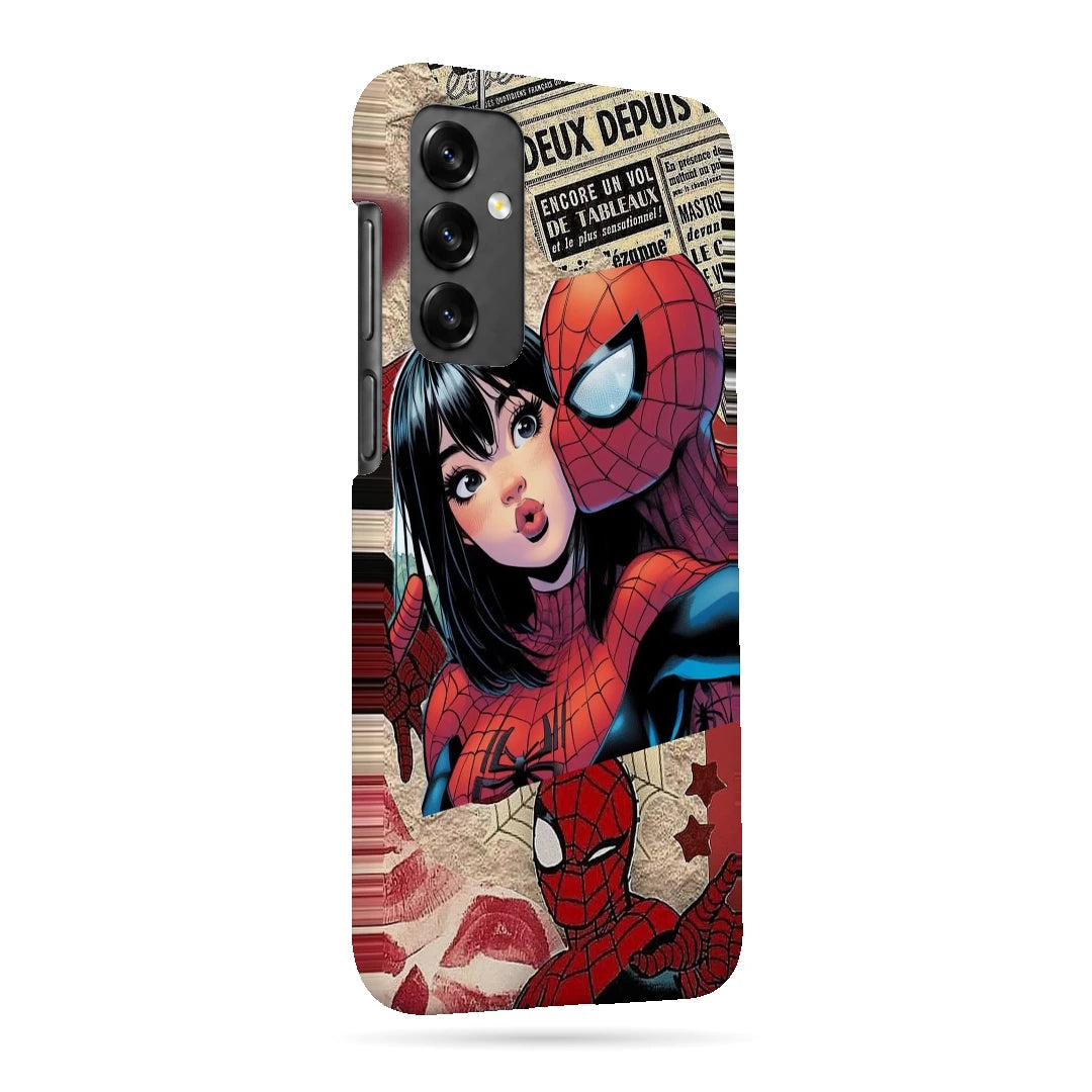 Spider-Man Pop Collage 3D Print Samsung A13 5G Phone Case, right-side view; Spider-Man graphics, an illustrated girl and red collage accents