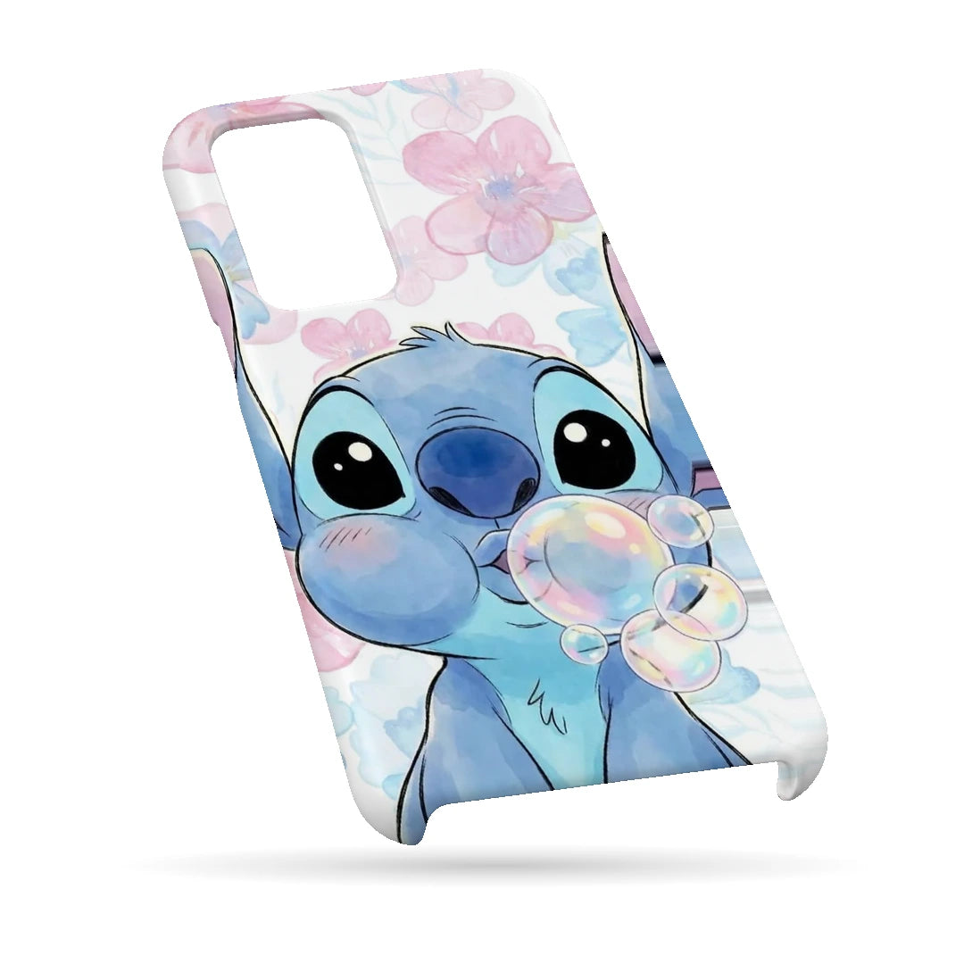 Stitch Blossom Bubbles 3D Print Samsung A13 4G Phone Case, bottom view; a blue Stitch character blowing bubbles among pale pink blossoms