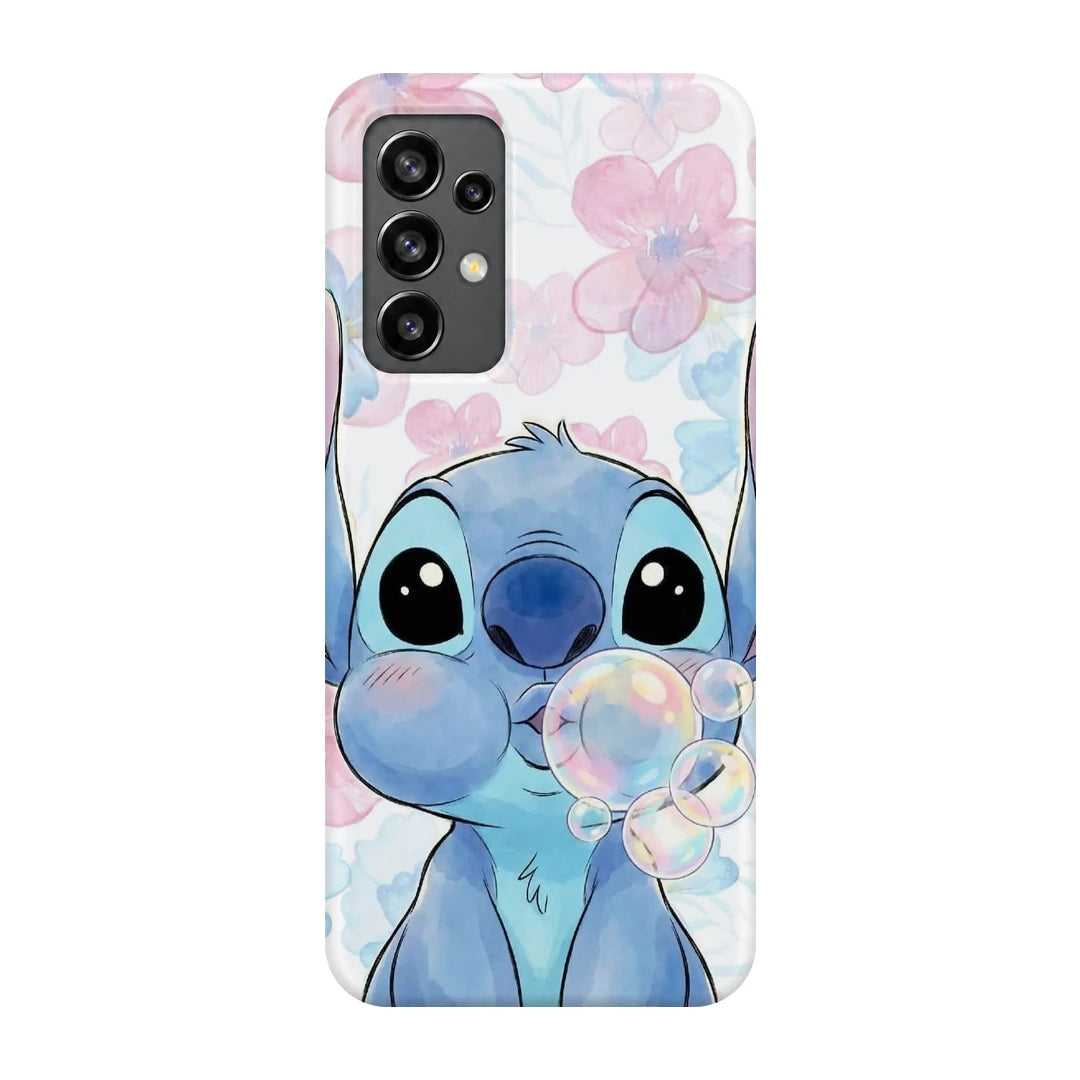 Stitch Blossom Bubbles 3D Print Samsung A32 4G Phone Case, back view; a blue Stitch character blowing bubbles among pale pink blossoms
